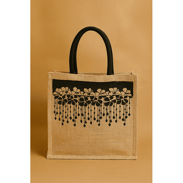 Saco em Juta Natural com Alças em Algodão Preto — Estampado Floral Preto (30×15×30 cm) 5