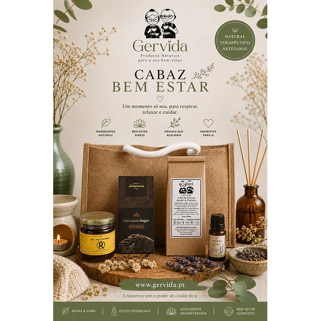 Cabaz Bem-Estar com Chá, Mel, Chocolate Negro e Óleo Essencial