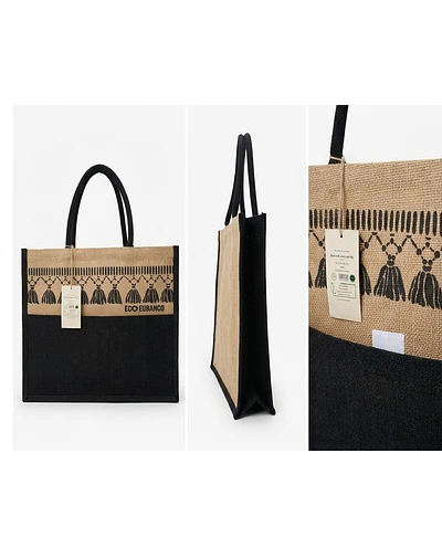 Saco de Juta natural com alças pretas e bolso externo