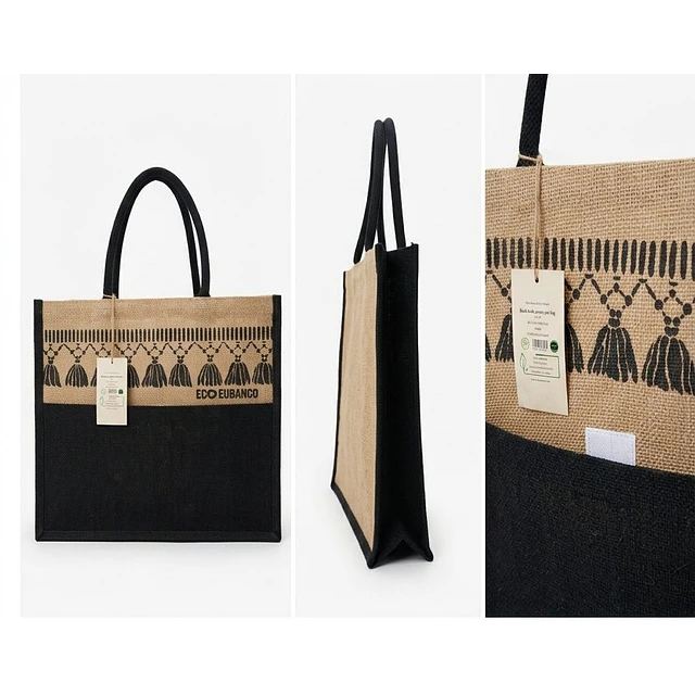Saco de Juta natural com alças pretas e bolso externo