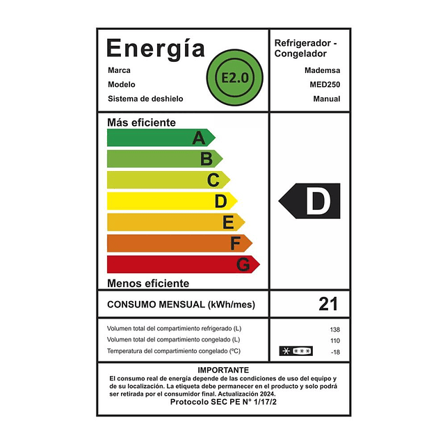 Refrigerador Bottom Freezer MED250 / 248 LTS/ Mademsa/ Silver  (Nuevo caja dañada)