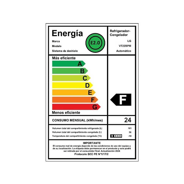 Refrigerador No Frost  VT22BPM/ 217L/ Top Freezer/ LG (Nuevo con caja dañada)