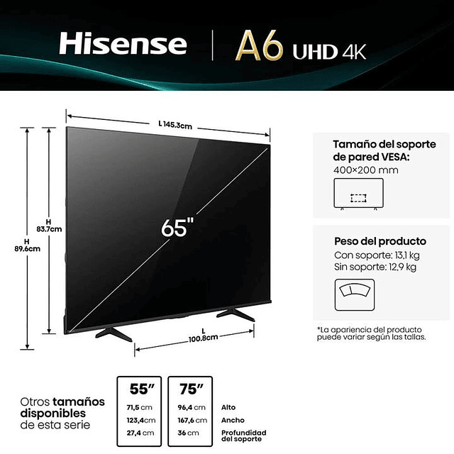 Smart TV Hisense 65" 4K UHD Smart Google TV (Nuevo caja dañada)