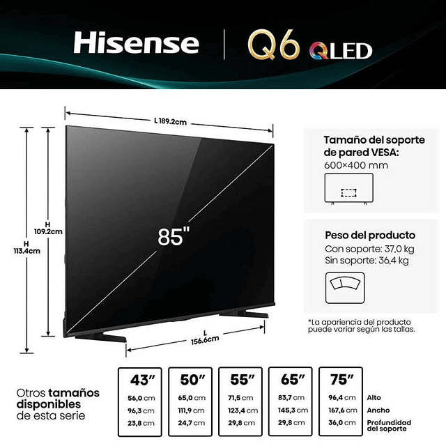 Smart TV Hisense 85" QLED 4K UHD 85Q6QV (Nuevo caja dañada)