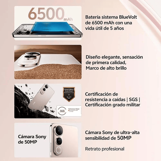 Celular Smartphone  VIVO V50 5G Lite /8GB /256GB/V2440/ Dorado Titanio