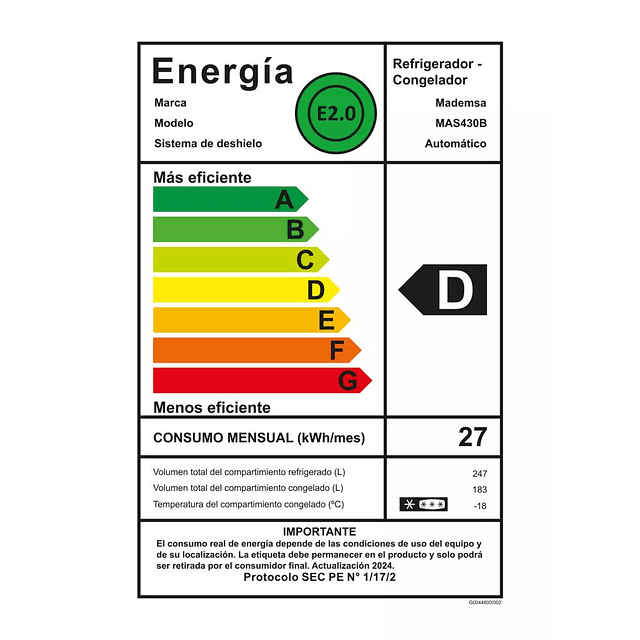 Refrigerador No Frost Side by Side MAS430B/ 430 LTS/ Mademsa (Nuevo caja dañada)