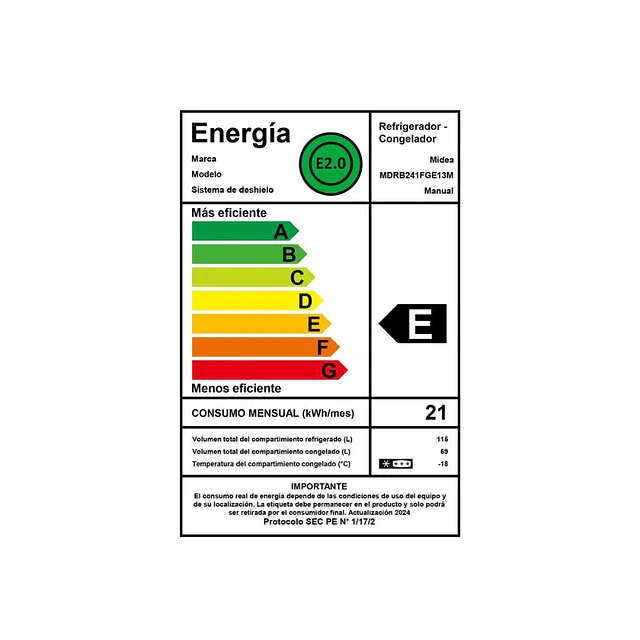Refrigerador Bottom Freezer Frio Directo MDRB241FGE13/ 174 LTS/ Midea (Nuevo caja dañada)