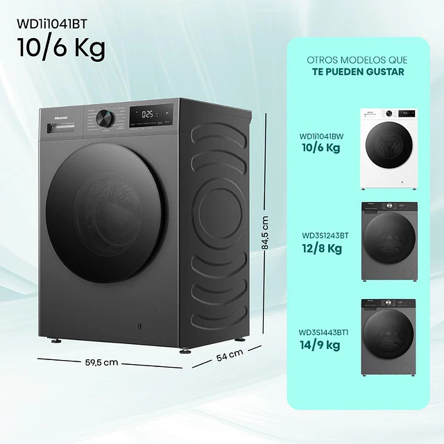 Lavadora Secadora Carga Frontal Hisense WD1i1041BT   /  10/6 Kg Titanium  (Nuevo caja dañada)