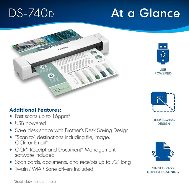 Escaner Brother DS740D/ Portátil Dúplex de 16 ppm y 30 ipm, conectividad USB 3.0, alimentador de páginas U-path.