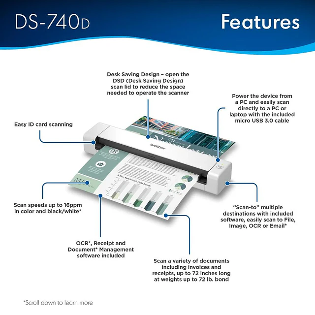 Escaner Brother DS740D/ Portátil Dúplex de 16 ppm y 30 ipm, conectividad USB 3.0, alimentador de páginas U-path.