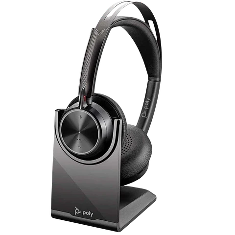 PolyVoyager Focus 2 - Auriculares inalámbricos con adaptador USB-C + Soporte de carga