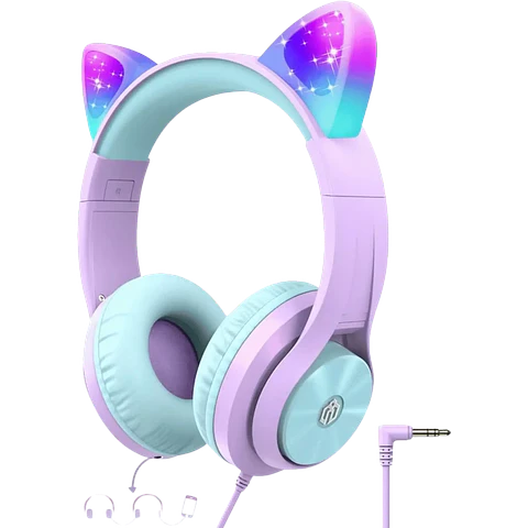 iClever HS20 Cat Ear Led Light Up Wired Kids Headphones with Microphone, Purple