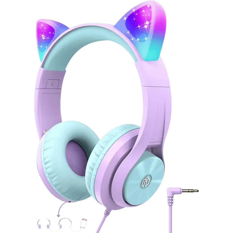 iClever HS20 Cat Ear Led Light Up Wired Kids Headphones with Microphone, Purple 1