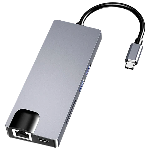 Hub USB-C 8 en 1 con HDMI + VGA + 2x USB 3.0 + USB-C PD + SD/TF + RJ45 1000 Mbps