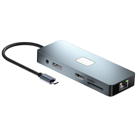 Hub BYL-2309 11 en 1 USB Tipo-C a HDMI/microUSB/VGA/RJ45/USB3.2/Jack 3.5mm/USB Tipo C 100W Plata