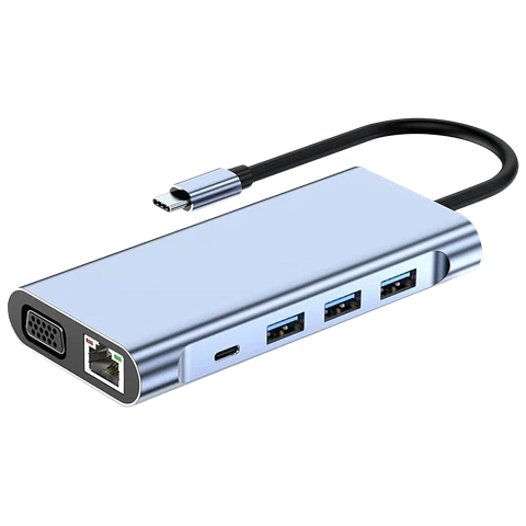 Hub BYL-2310 11-en-1 USB Tipo-C a HDMI/USB 3.0/RJ45/USB Tipo C/PD/3.5mm Negro
