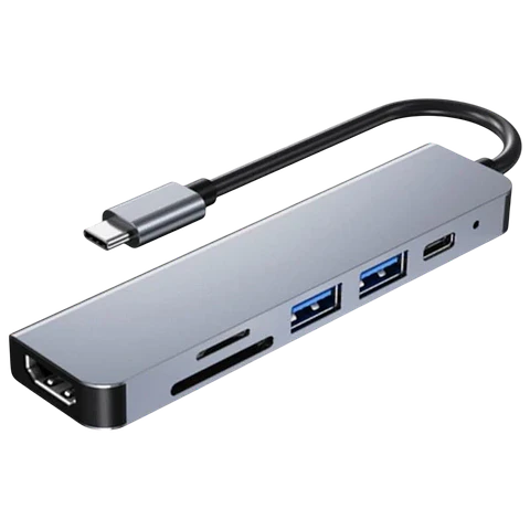 Hub USB BYL-2010 6 en 1 USB Tipo-C/HDMI+USB 3.0+USB 2.0+Tipo C+microSD+TF Gris