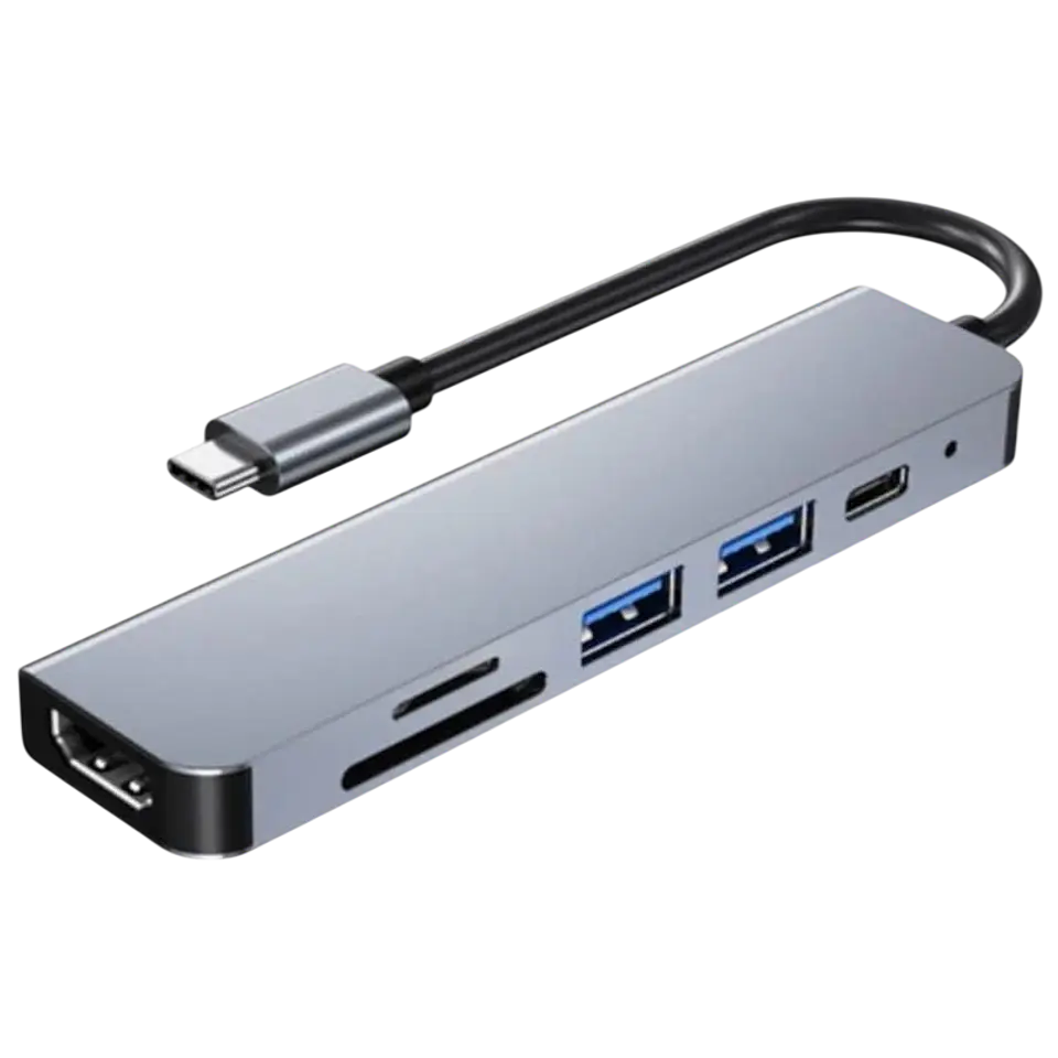Hub USB BYL-2010 6 en 1 USB Tipo-C/HDMI+USB 3.0+USB 2.0+Tipo C+microSD+TF Gris 1