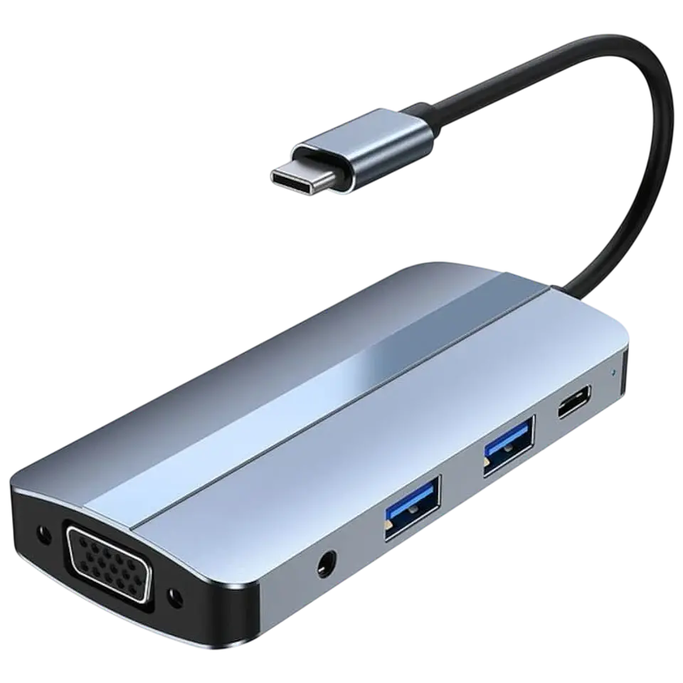 Hub USB BYL-2105 8 en 1 USB-C /USB 3.0+2.0+USB Tipo C+VGA+HDMI+microSD+TF Plata 1