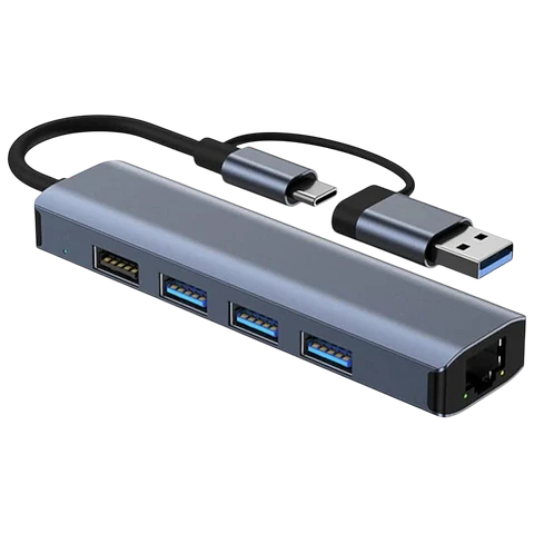 Hub USB BYL-2208 5 en 2 USB 3.0+Tipo-C/RJ45 (Gigabit)+USB 3.0+2.0 Gris