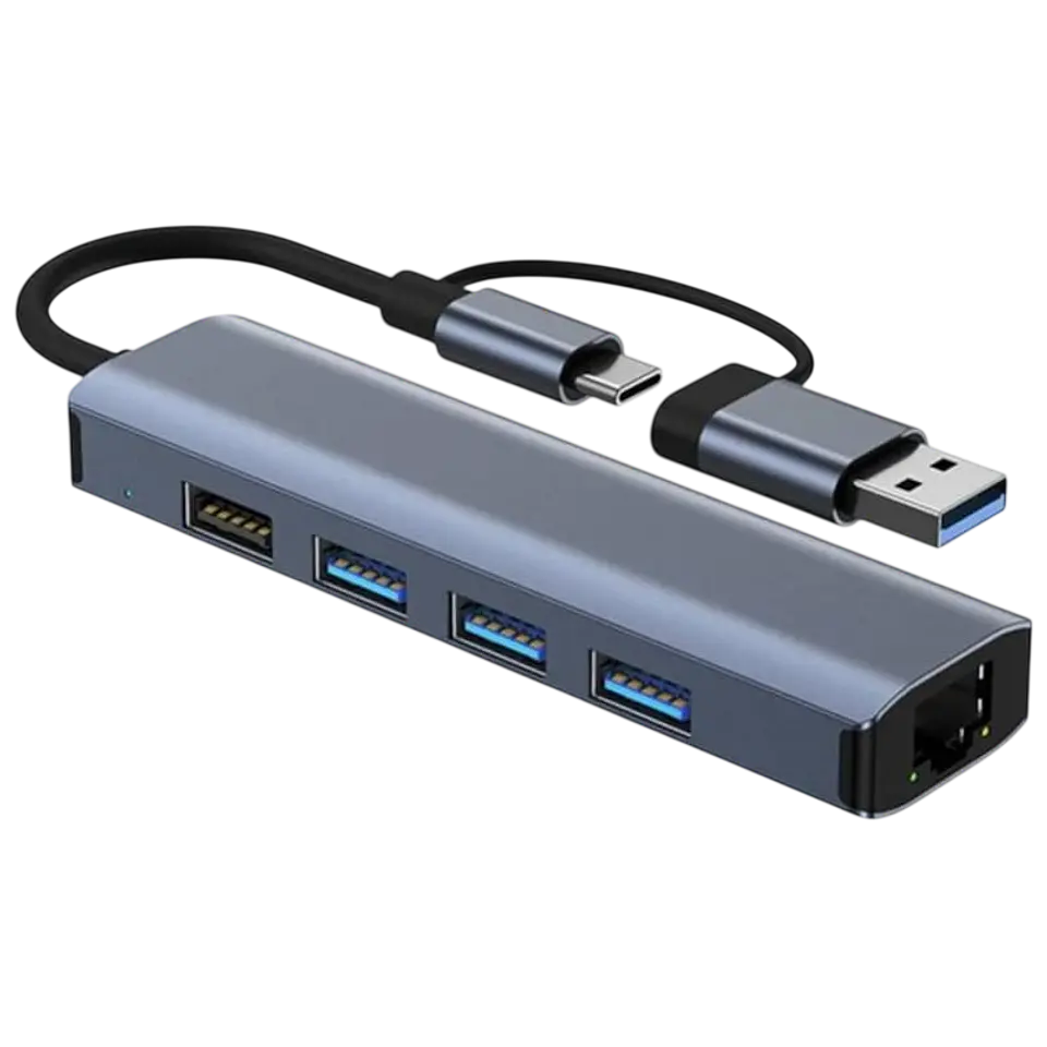 Hub USB BYL-2208 5 en 2 USB 3.0+Tipo-C/RJ45 (Gigabit)+USB 3.0+2.0 Gris 1