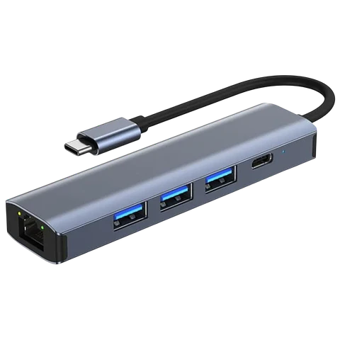 Hub USB BYL-2302 5 en 1 USB Tipo-C/USB 3.0+Tipo C 100W+RJ45 Gris