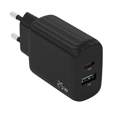 Cargador Doble de Alta Eficiencia 25W Aisens 1xUSB Tipo-C / 1xUSB Negro