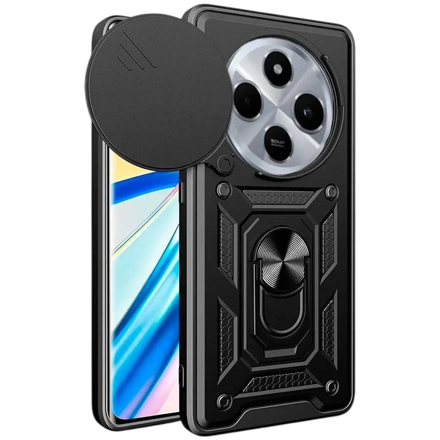 Funda Armadura Militar para Xiaomi Redmi 14C / Poco C75 con Protección de Cámara, Soporte Metálico y Anillo Negro 1