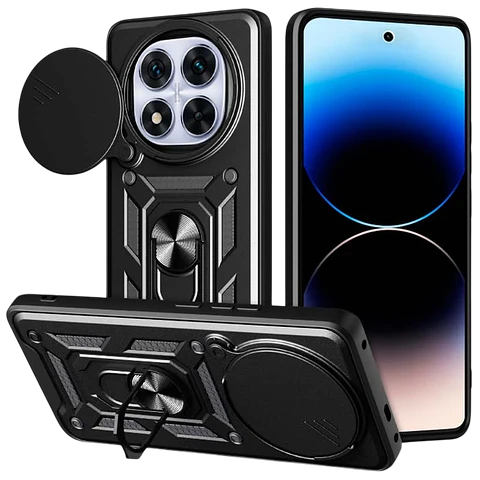 Funda Armadura Militar para Xiaomi Redmi Note 14 Pro 5G / Poco X7 5G con Protección de Cámara, Soporte Metálico y Anillo Negro