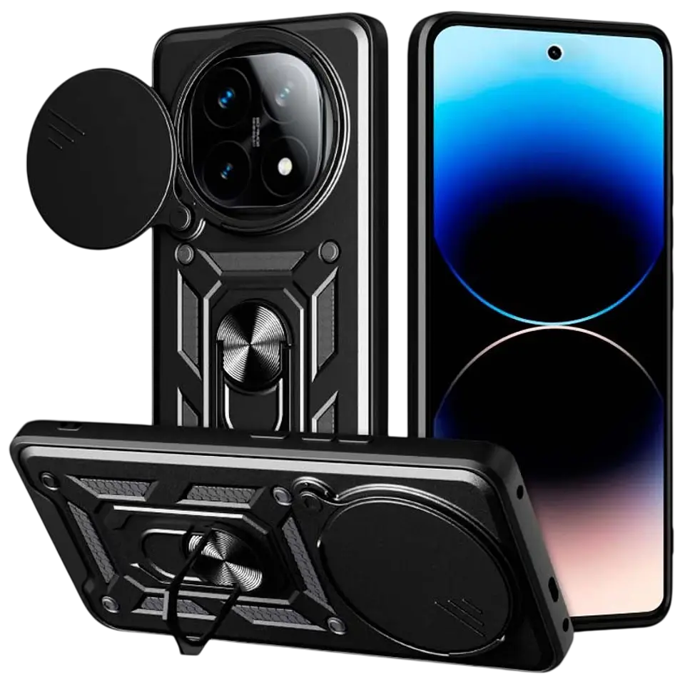 Funda Armadura Militar para Xiaomi Redmi Note 14 Pro Plus 5G con Protección de Cámara, Soporte Metálico y Anillo Negro 1