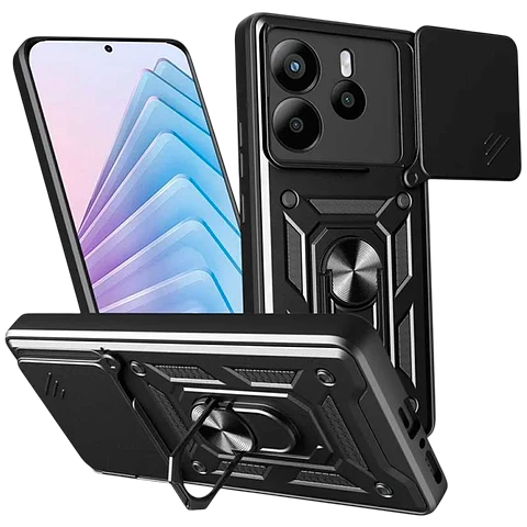 Funda Armadura Militar para Xiaomi Redmi Note 14 4G con Protección de Cámara, Soporte Metálico y Anillo Negro