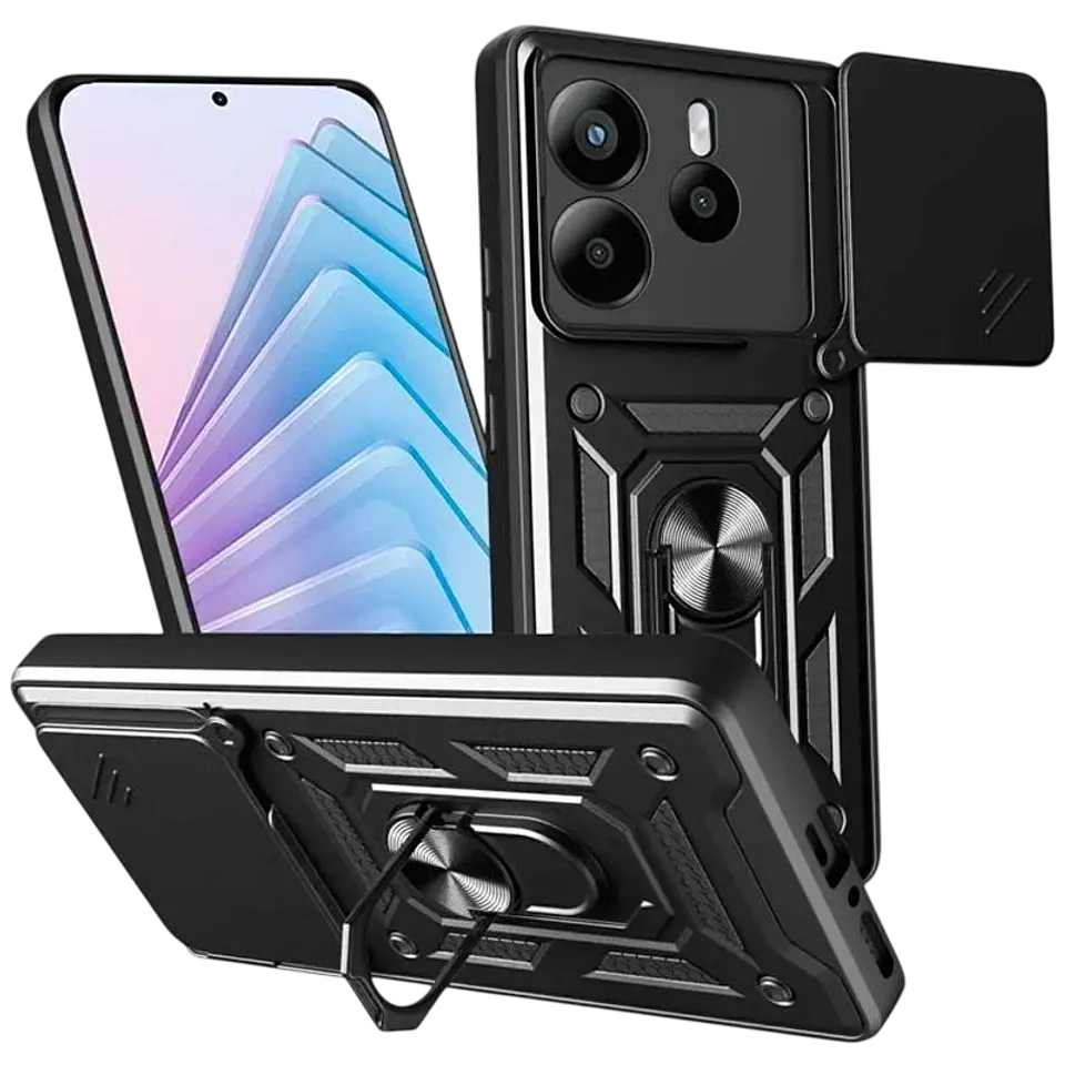 Funda Armadura Militar para Xiaomi Redmi Note 14 4G con Protección de Cámara, Soporte Metálico y Anillo Negro 1