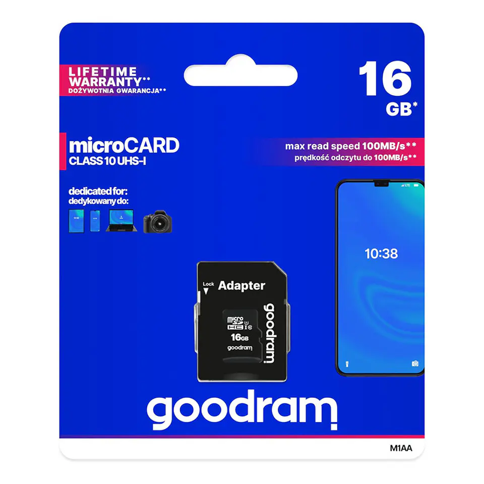 Cartão Memória Goodram C10 UHS-I microSDHC 16GB + Adaptador SD 1