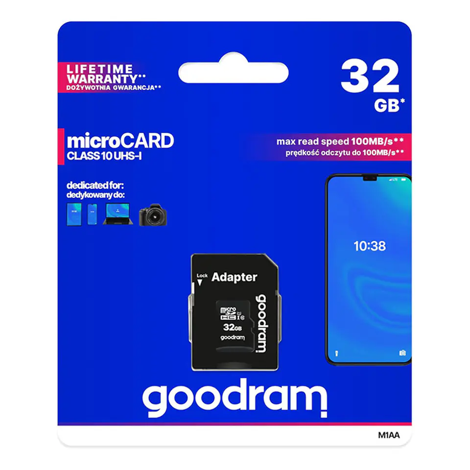 Cartão Memória Goodram C10 UHS-I microSDHC 32GB + Adaptador SD 1
