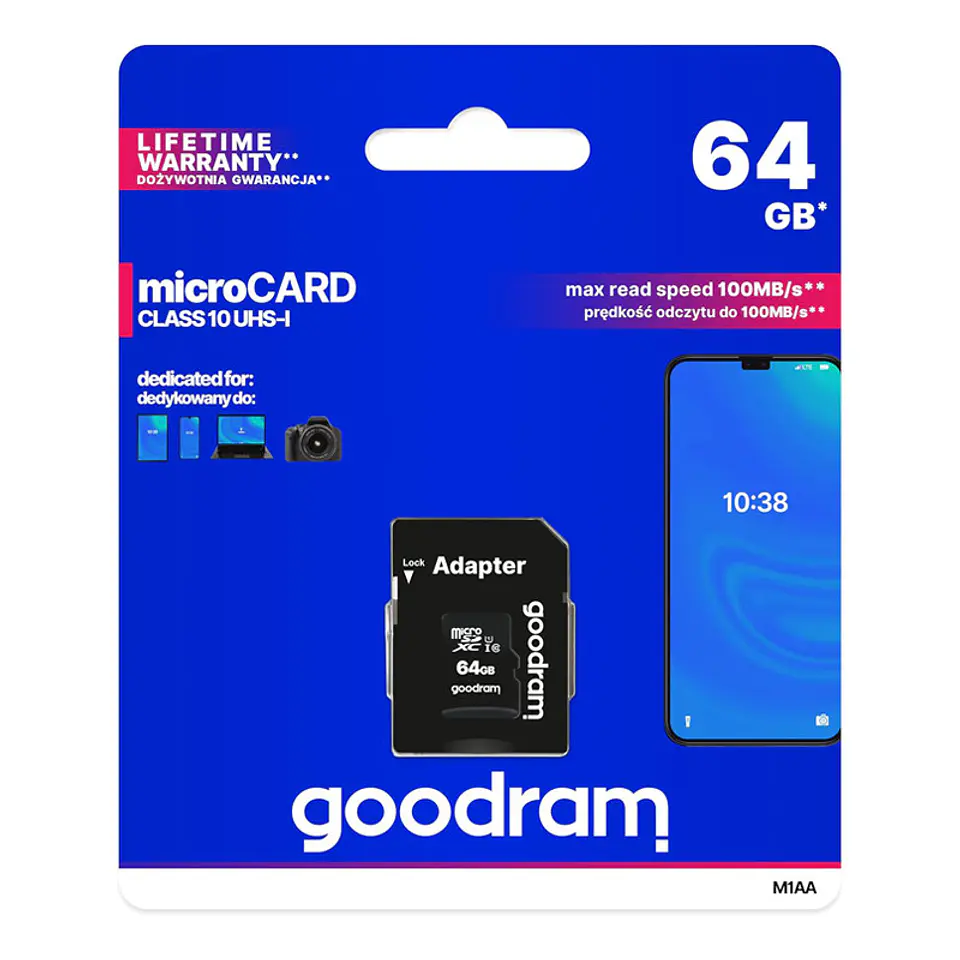 Cartão Memória Goodram C10 UHS-I microSDXC 64GB + Adaptador SD 1