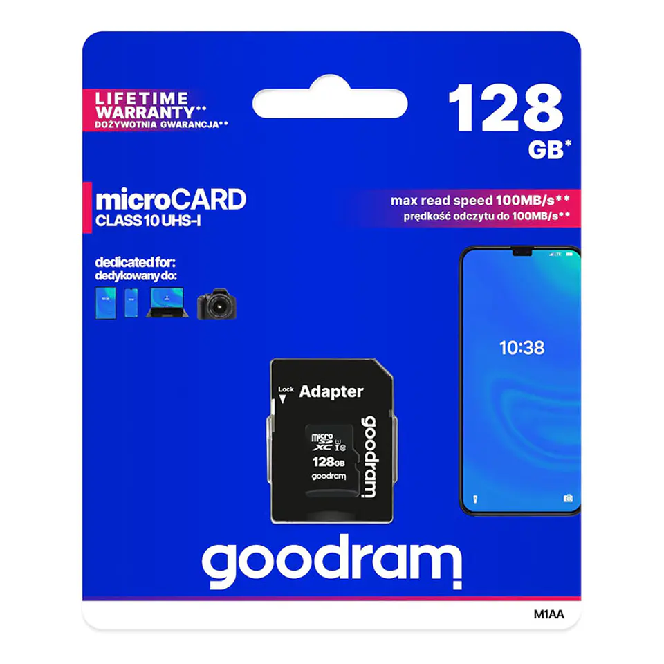 Cartão Memória Goodram C10 UHS-I microSDXC 128GB + Adaptador SD 1