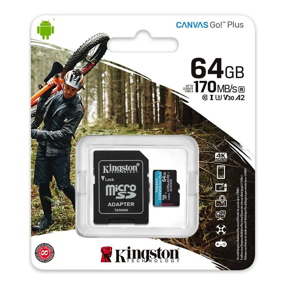 Cartão de Memória Kingston Canvas Go! Plus microSDXC 64GB (170MB/s) UHS-I, U3, V30, A2 + Adaptador SD 1