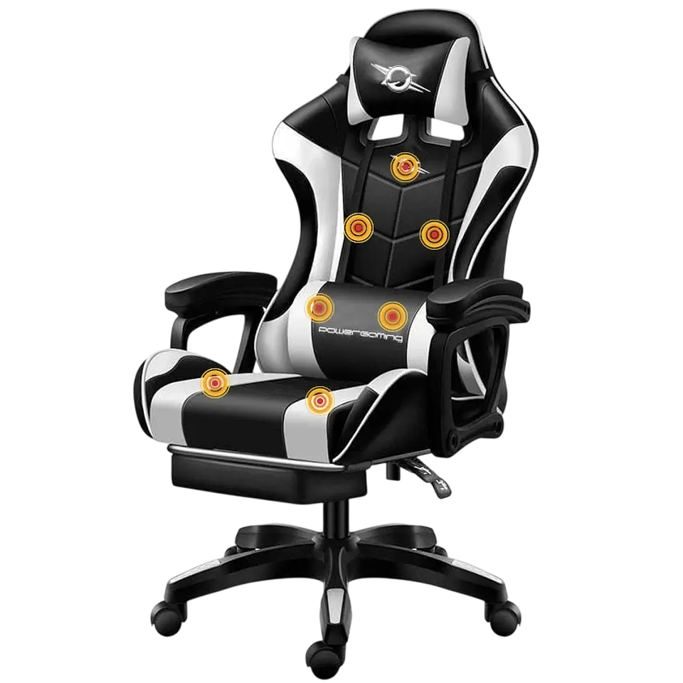 Silla Gaming PowerGaming Masaje 7 puntos Blanco/Negro Reposapiés 1