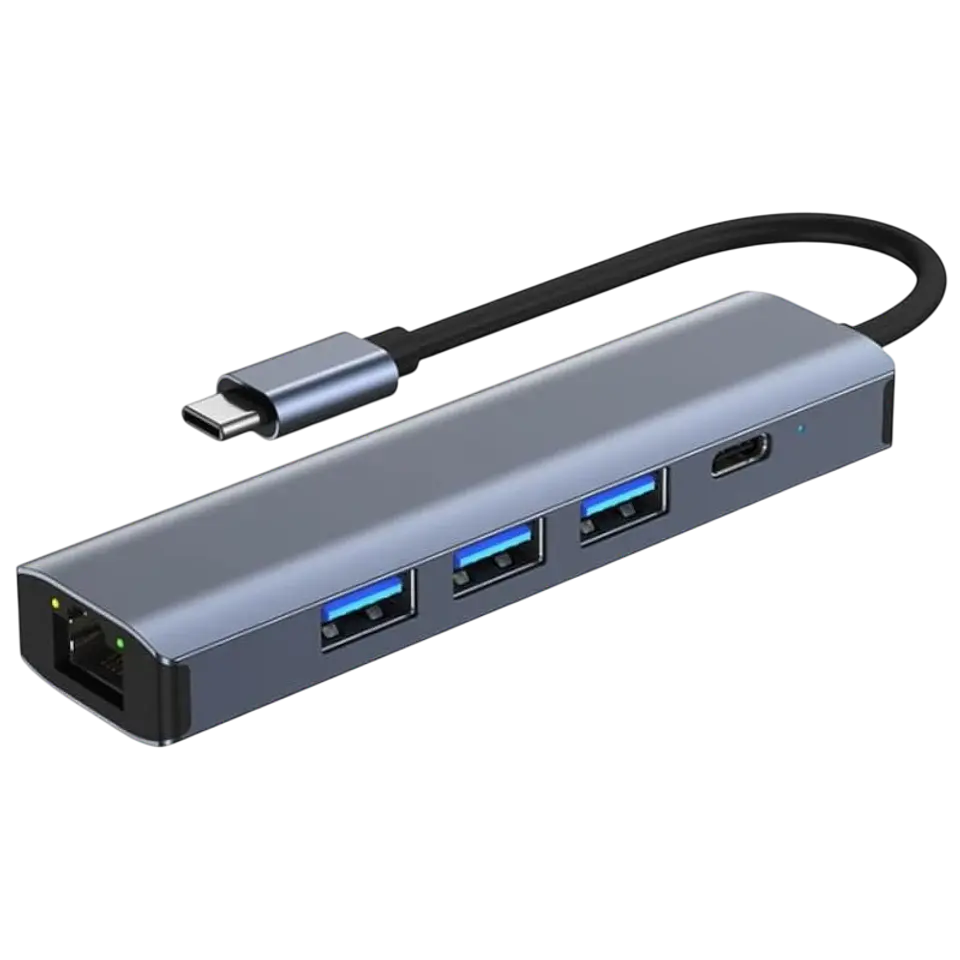 Hub USB BYL-2302 5 en 1 USB Tipo-C/USB 3.0+Tipo C 100W+RJ45 Gris 1