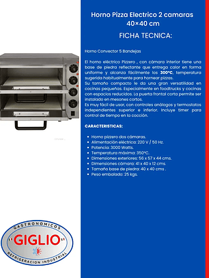 Horno Pizza Electrico 2 camaras 40×40 cm
