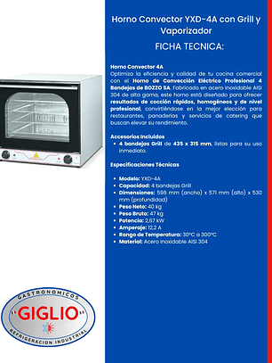 Horno Convector YXD-4A con Grill y Vaporizador