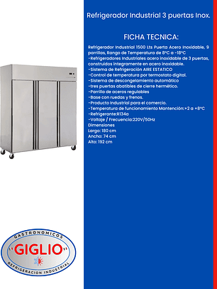 Refrigerador Industrial 3 puertas Inox.
