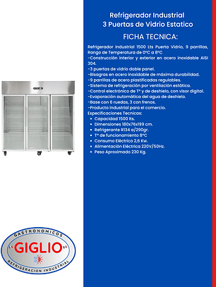 Refrigerador Industrial 3 Puertas de Vidrio Estatico