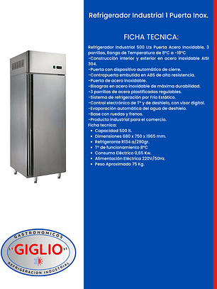 Refrigerador Industrial 1 Puerta Inox.