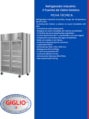 Refrigerador Industria 2 Puertas de Vidrio Estatico