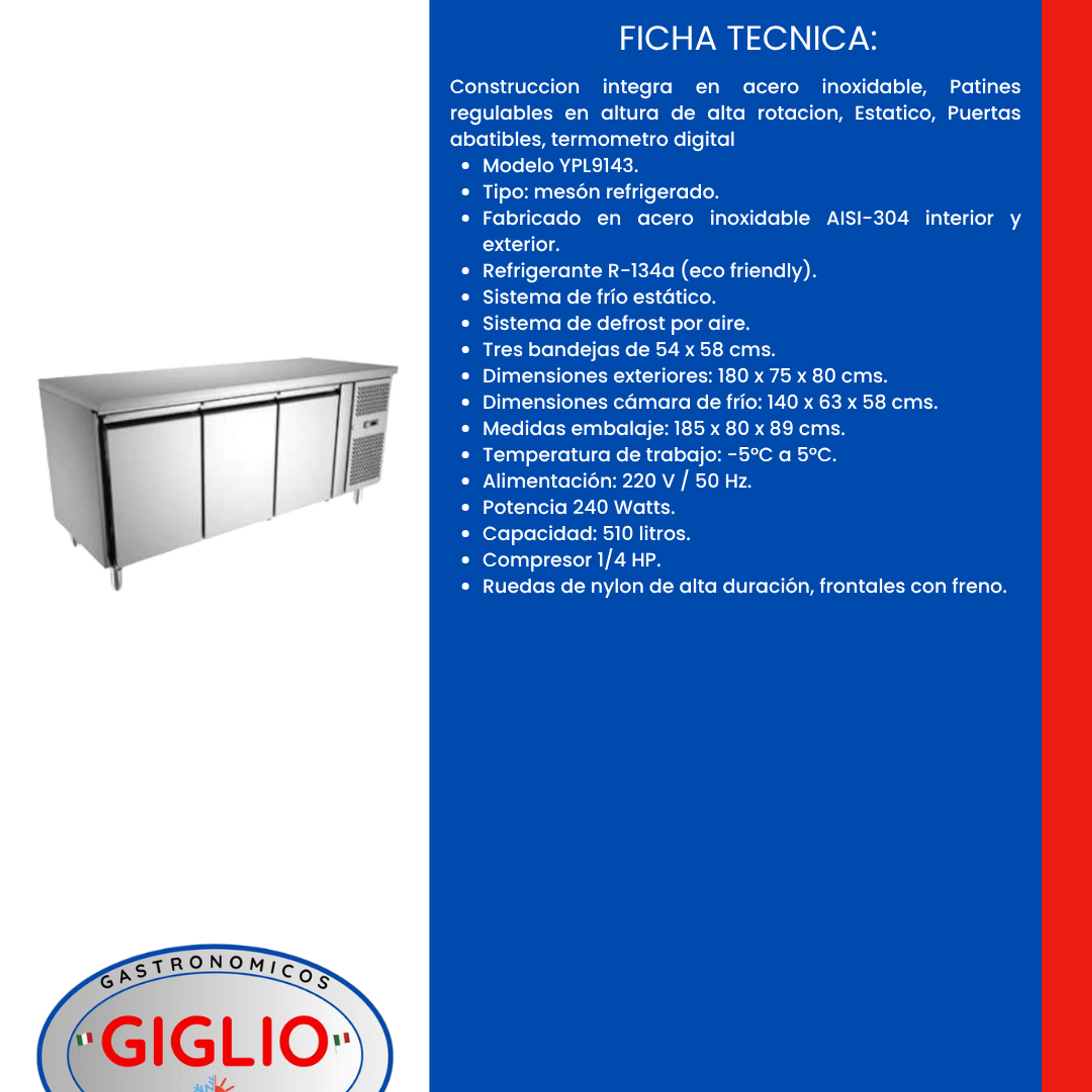Meson de Trabajo Refrigerado Linea H-1800 YPL-9143 Estatico 2