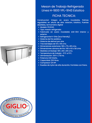 Meson de Trabajo Refrigerado Linea H-1800 YPL-9143 Estatico