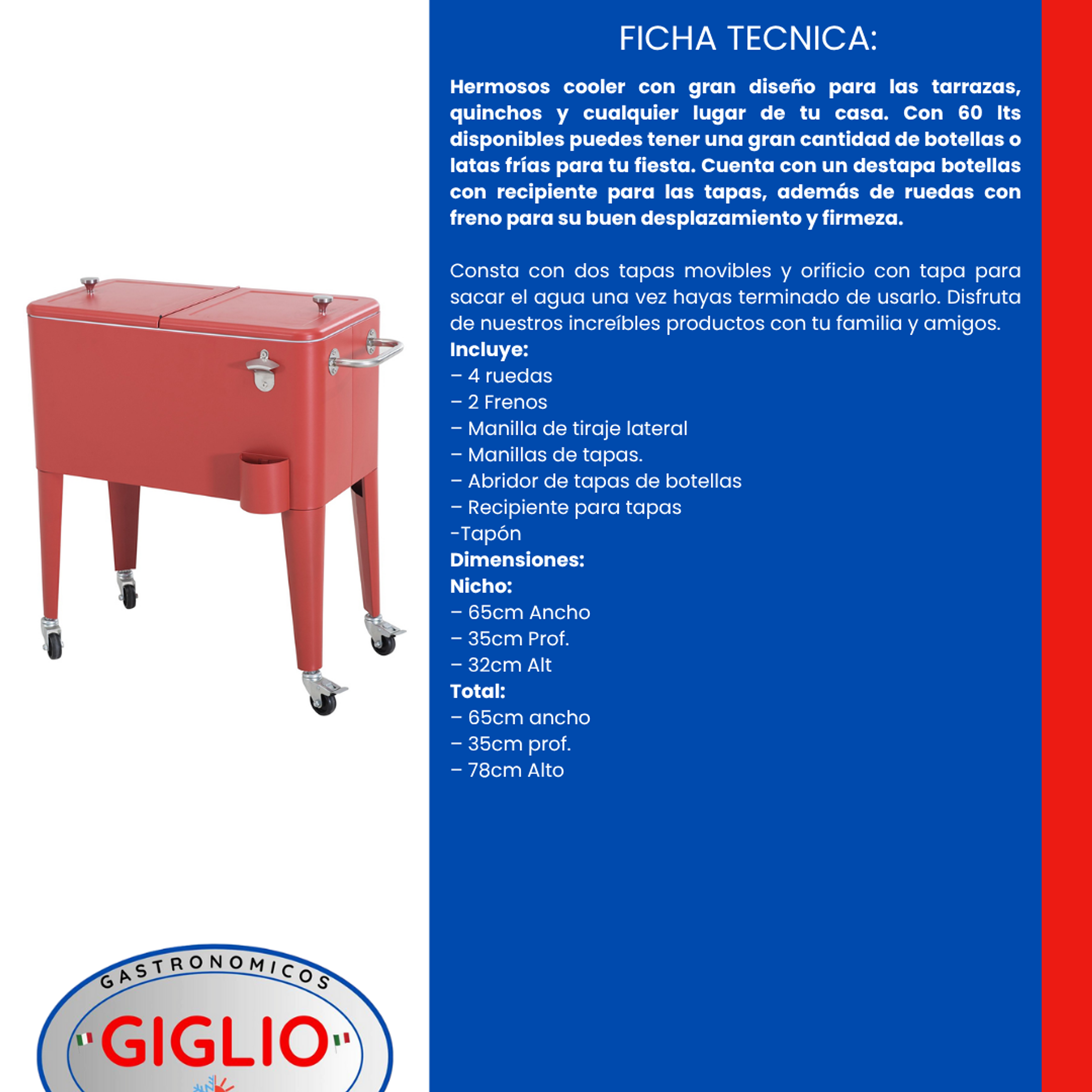 Cooler Retro Metálico Rojo 60 Litros 2