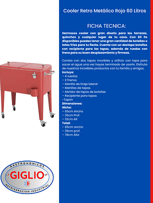 Cooler Retro Metálico Rojo 60 Litros