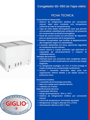 Congelador SD-350 Lts Tapa vidrio